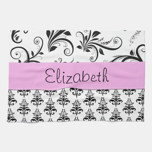 Damask Pattern, Black and White Damask, Your Name Kitchen Towel (Horizontal)