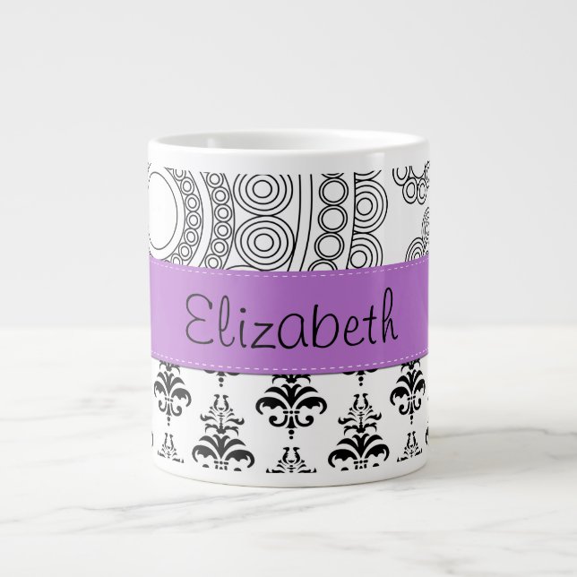 Damask Pattern, Black and White Damask, Your Name Large Coffee Mug (Front)