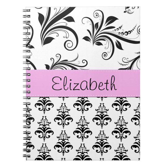 Damask Pattern, Black and White Damask, Your Name Notebook (Front)