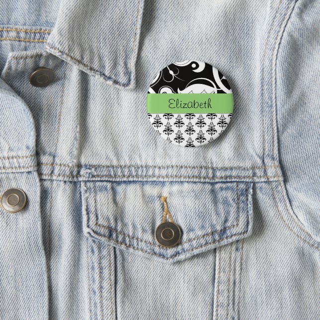 Damask Pattern, Black and White Damask, Your Name Pinback Button (In Situ)