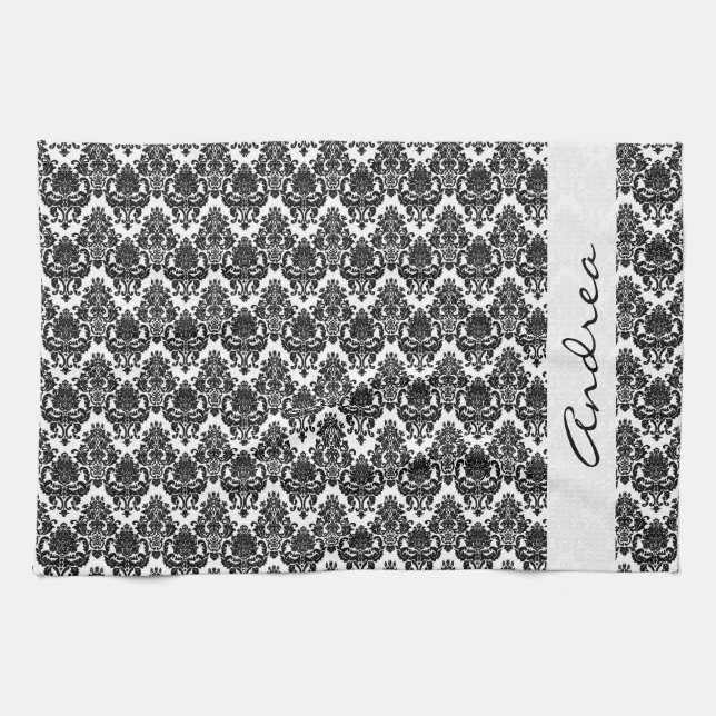 Damask Pattern, Black and White Damask, Your Name Towel (Horizontal)