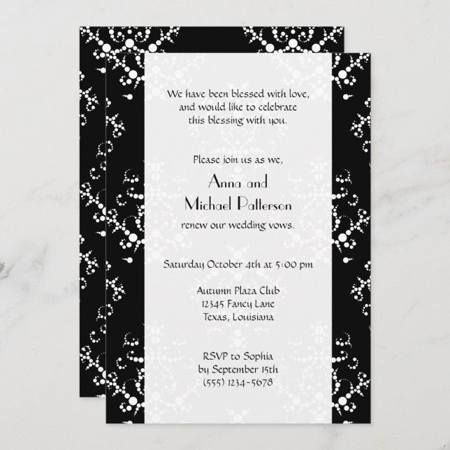 Damask Pattern, Black and White, Vow Renewal Invitation (Front/Back)