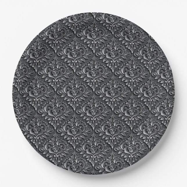 Damask Pattern Black Background-23961 Paper Plates (Front)