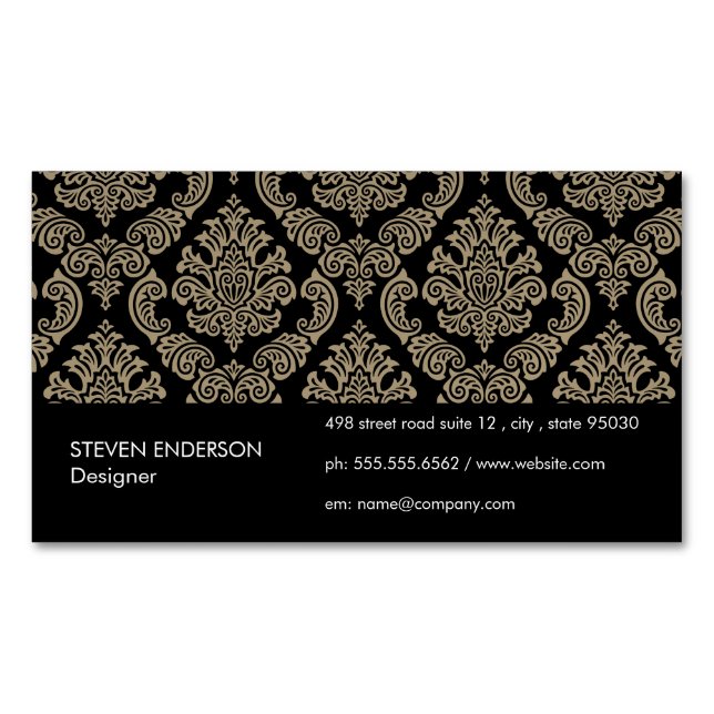 Damask Pattern Black Background Business Card Magnet (Front)