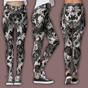 Damask Pattern   Black & Natural Beige Leggings