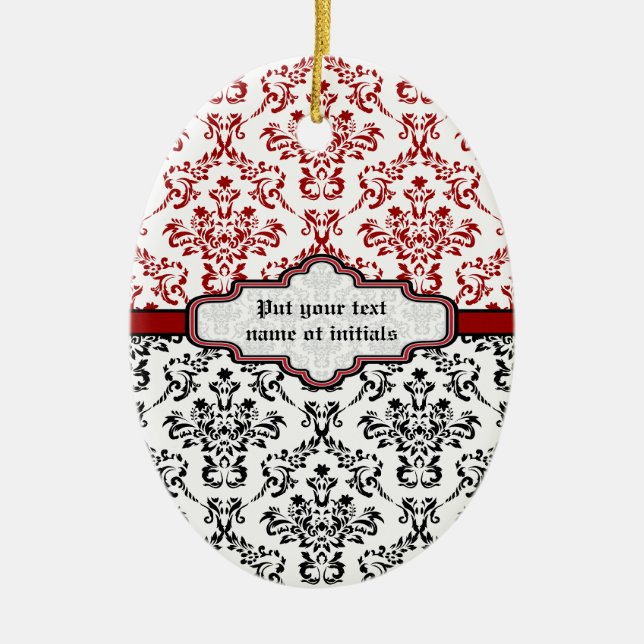 Damask pattern black red white custom ornament (Front)