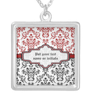 Damask pattern black red white silver necklace
