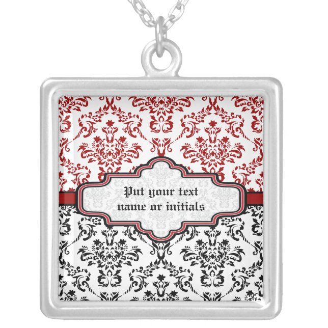 Damask pattern black red white silver necklace (Front)
