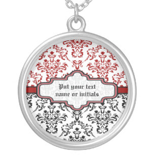 Damask pattern black red white silver necklace