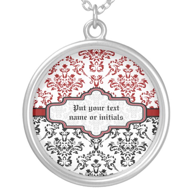 Damask pattern black red white silver necklace (Front)