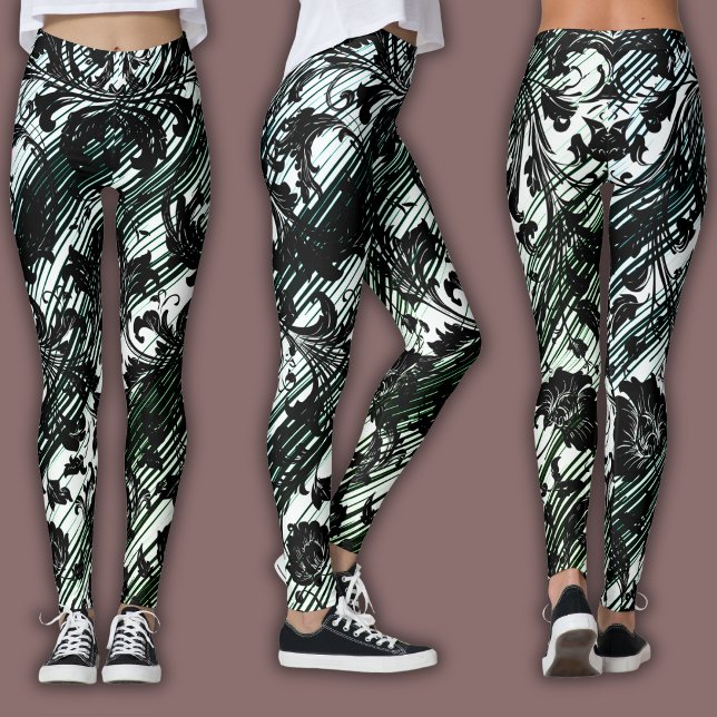Damask Pattern | Black, White & Green Leggings (Creator Uploaded)