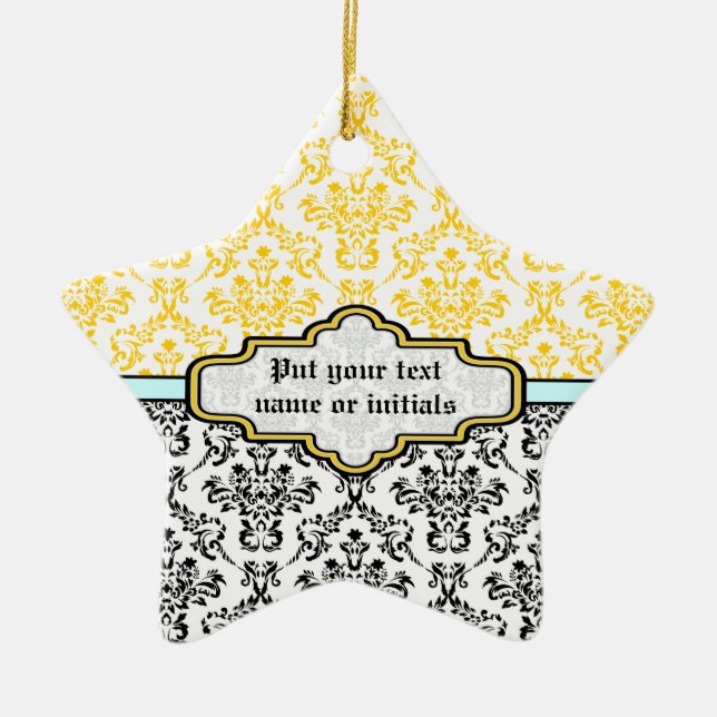 Damask pattern black white yellow aqua ornament (Front)