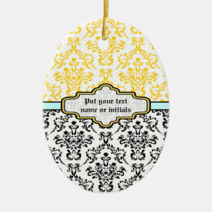 Damask pattern black white yellow aqua ornament