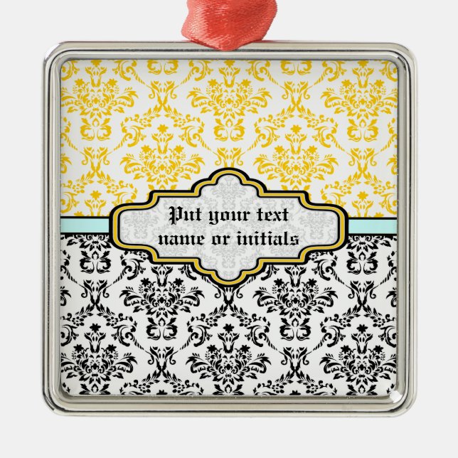 Damask pattern black white yellow aqua ornament (Front)