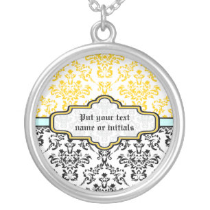 Damask pattern black  white yellow silver necklace