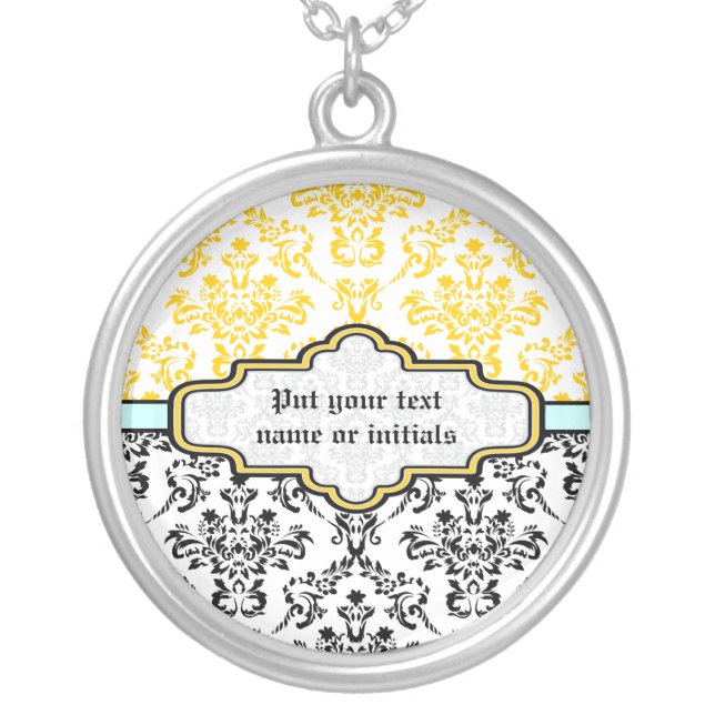 Damask pattern black  white yellow silver necklace (Front)
