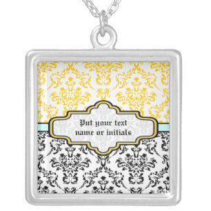 Damask pattern black  white yellow silver necklace