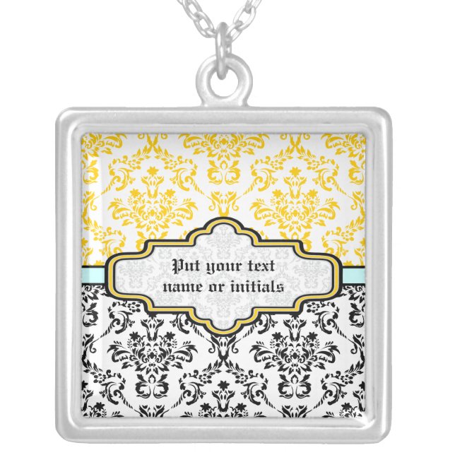 Damask pattern black  white yellow silver necklace (Front)