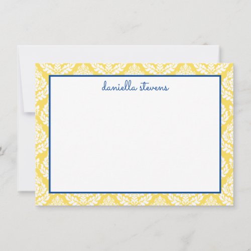 Damask Pattern Blue and Yellow Personalized Flat Note Card