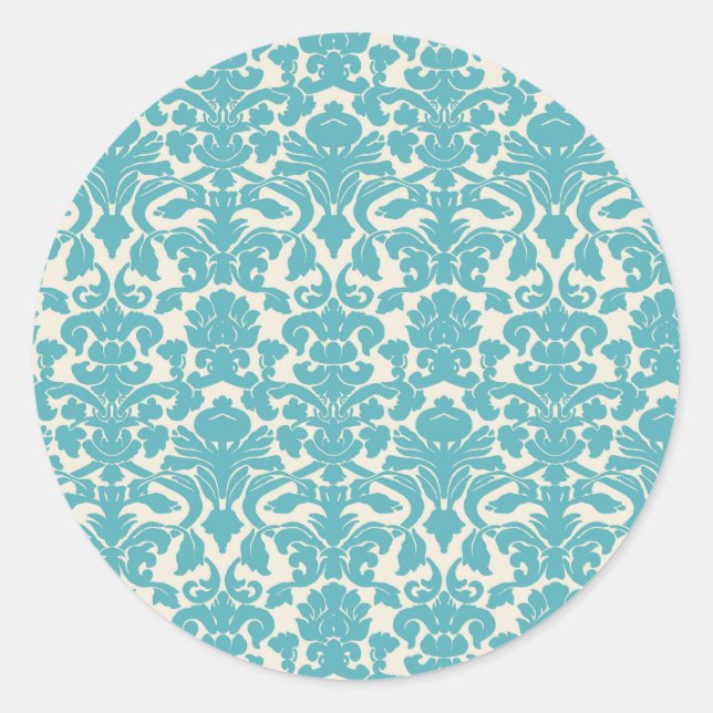 Damask Pattern, Blue Damask, French Damask Classic Round Sticker (Front)