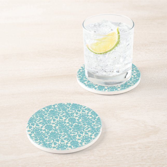 Damask Pattern, Blue Damask, French Damask Sandstone Coaster (Side)