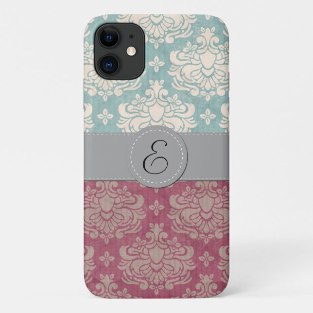 Damask Pattern, Blue Damask, Red Damask, Monogram Case-Mate iPhone Case (Back)