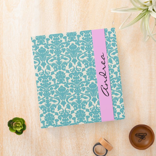 Damask Pattern, Blue Damask, Your Name Binder (In Situ)