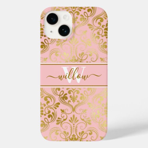 Damask Pattern Blush Pink Gold Name Monogram Case_Mate iPhone 14 Case