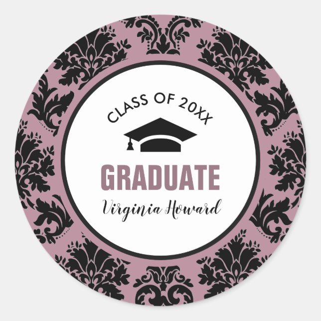Damask Pattern Custom Graduation  Classic Round Sticker (Front)