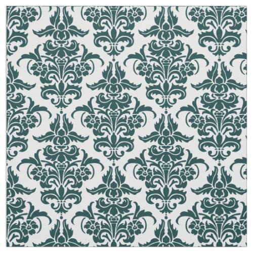 Damask Pattern _ Dark Moss Green on White Fabric