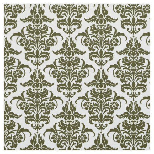 Damask Pattern - Dark Olive on White Fabric