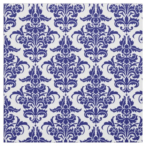 Damask Pattern - Deep Navy Blue on White Fabric