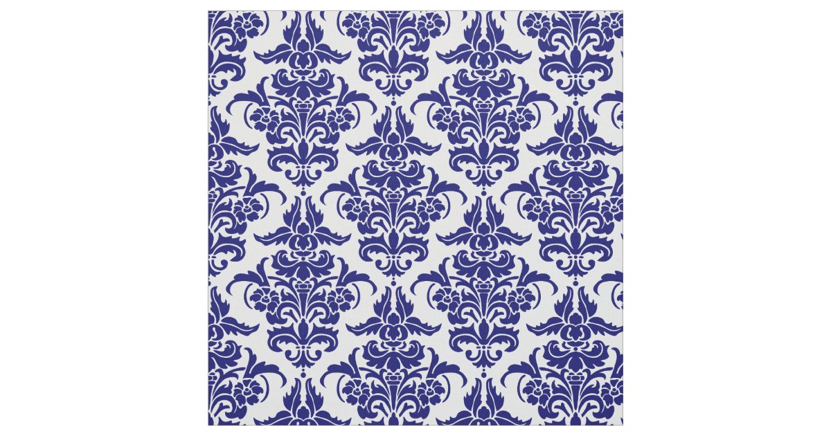 Damask Pattern Deep Navy Blue on White Fabric Zazzle
