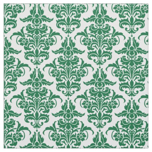 Damask Pattern _ Forest Green on White Fabric