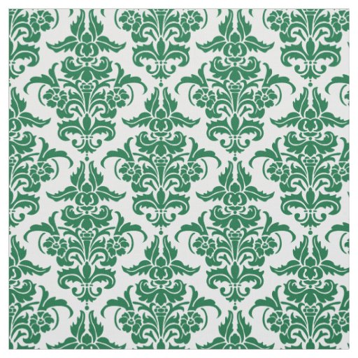 Damask Pattern - Forest Green on White Fabric