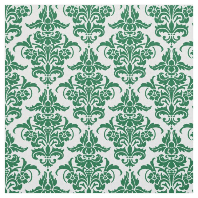 Damask Pattern - Forest Green on White Fabric (Swatch)