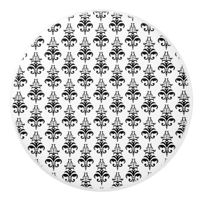 Damask Pattern, French Damask, Black and White Ceramic Knob (Front)