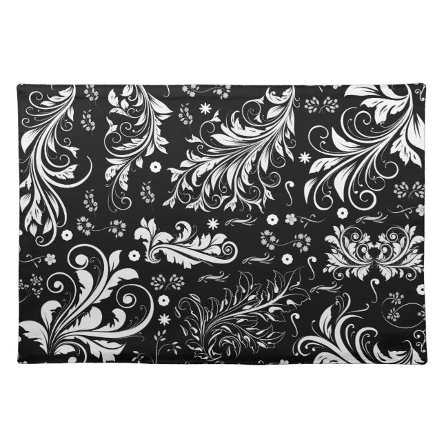 Damask Pattern, French Damask, Black and White Cloth Placemat (Front)