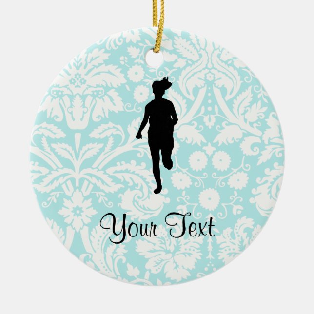 Damask Pattern; Girl Running Ceramic Ornament (Front)