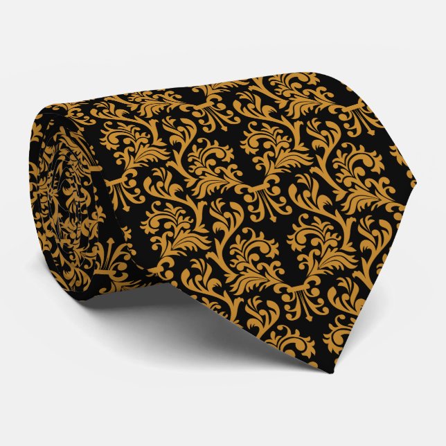 Damask Pattern Gold and Black Tie (Rolled)