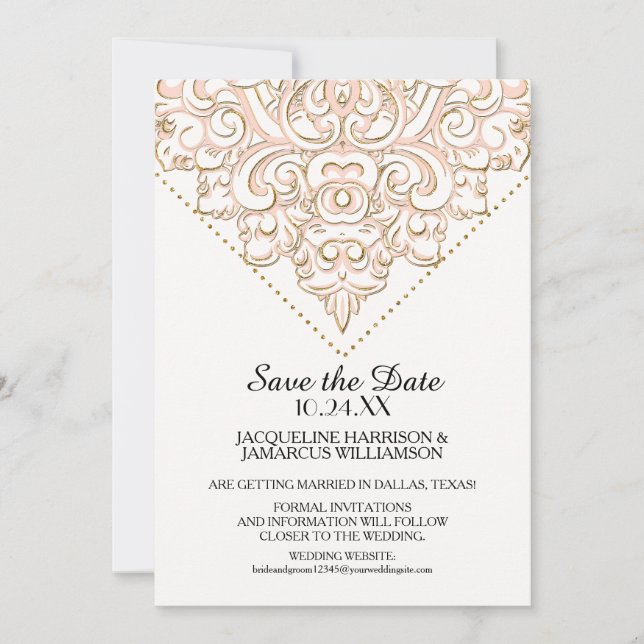 Damask Pattern Gold Dot Lace Save the Date Photo (Front)