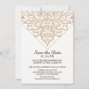 Damask Pattern Gold Dot Lace Save the Date Photo