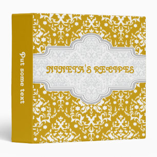 Damask pattern goldenrod, white & frame recipe binder