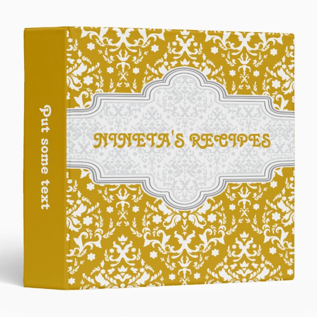 Damask pattern goldenrod, white & frame recipe binder (Front/Spine)