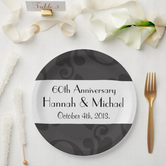 Damask Pattern, Gray Damask, Anniversary Paper Plates (Wedding)