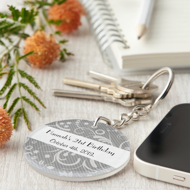 Damask Pattern, Gray Damask, Birthday Party Keychain (Front Right)