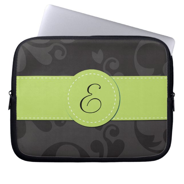 Damask Pattern, Gray Damask, Monogram Laptop Sleeve (Front)