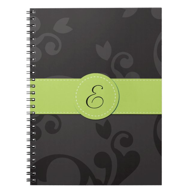 Damask Pattern, Gray Damask, Monogram Notebook (Front)