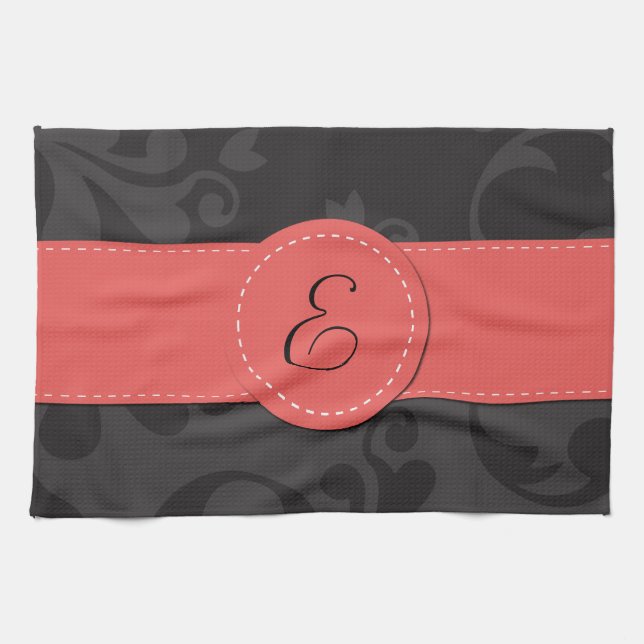 Damask Pattern, Gray Damask, Monogram Towel (Horizontal)