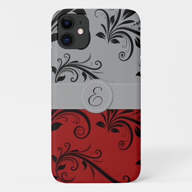 Damask Pattern, Gray Damask, Red Damask, Monogram Case-Mate iPhone Case (Back)